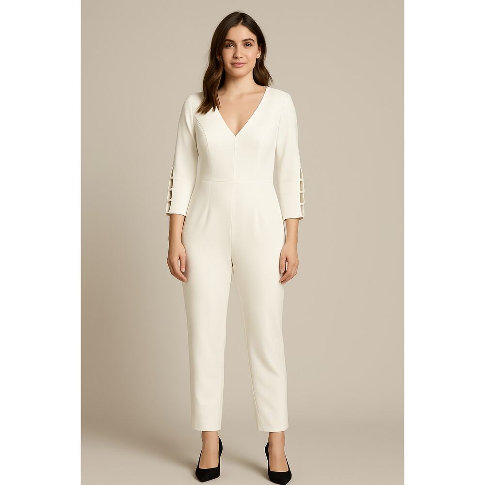Black Halo Women's White V-Neck 3/4 Sleeve Jumpsuit Elegant Party 8